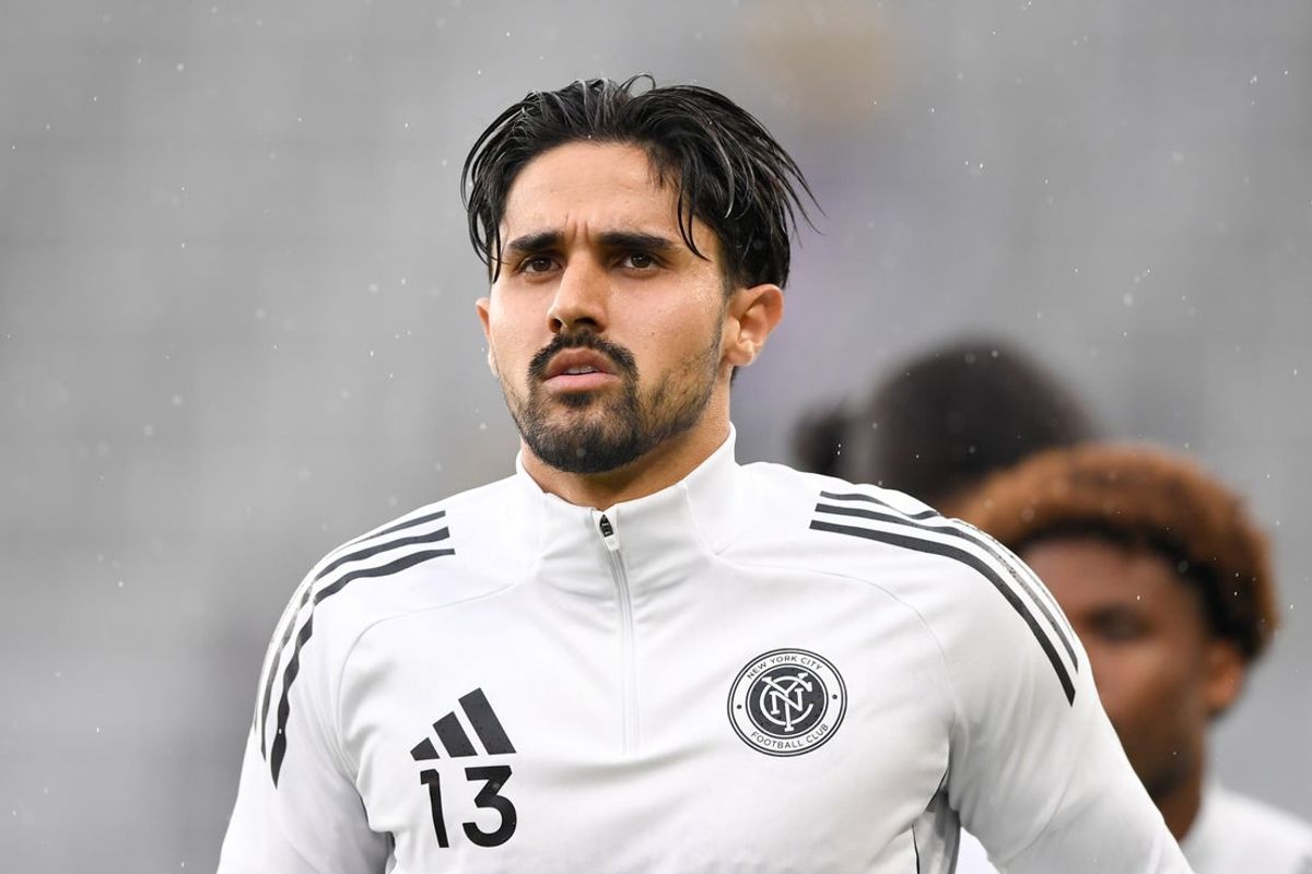May 14, 2025; Washington, District of Columbia, USA; New York City FC defender Thiago Martins (13)  looks on during warm ups before the game against the D.C. United at Audi Field. Mandatory Credit: Hannah Foslien-Imagn Images