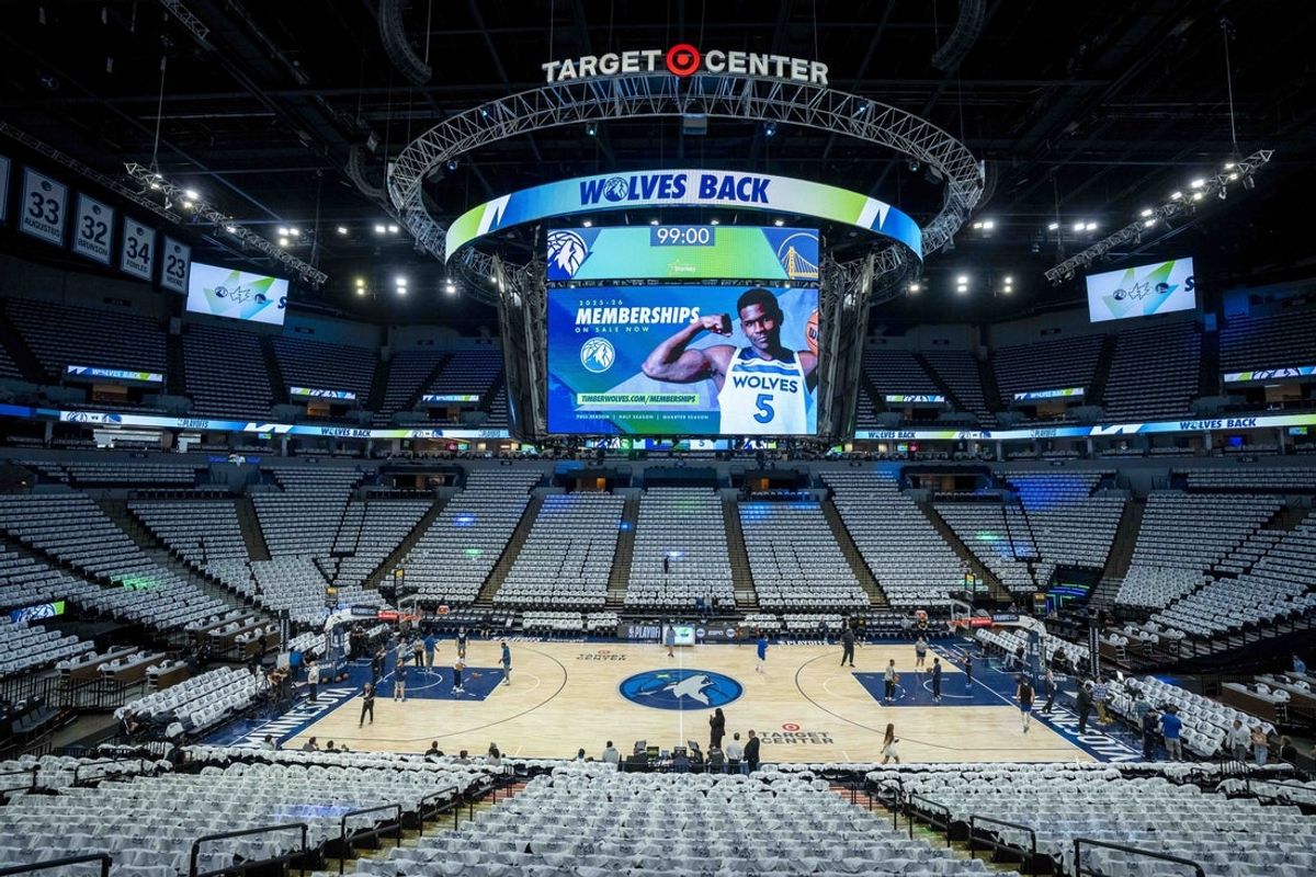 May 14, 2025; Minneapolis, Minnesota, USA; A general view of Target Center prior to game five of the second round for the 2025 NBA Playoffs between Golden State Warriors and Minnesota Timberwolves. Mandatory Credit: Jesse Johnson-Imagn Images