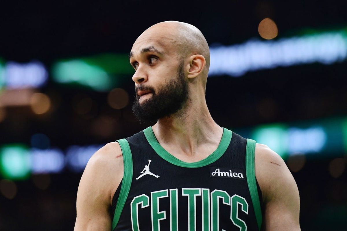May 14, 2025; Boston, Massachusetts, USA; Boston Celtics guard Derrick White (9) in the first half during game five of the second round for the 2025 NBA Playoffs against the New York Knicks at TD Garden. Mandatory Credit: Bob DeChiara-Imagn Images
