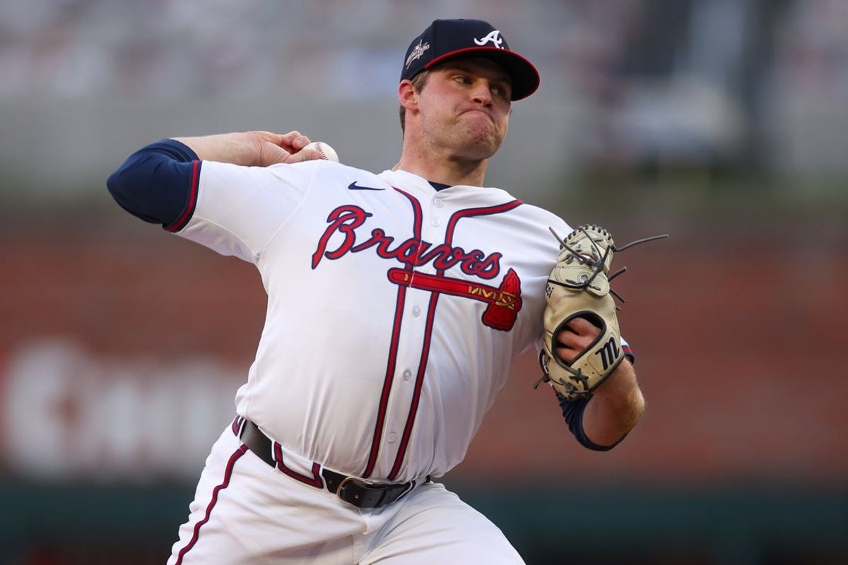 May 14, 2025; Atlanta, Georgia, USA; Atlanta Braves starting pitcher Bryce Elder (55) throws against the Washington Nationals in the first inning at Truist Park. Mandatory Credit: Brett Davis-Imagn Images