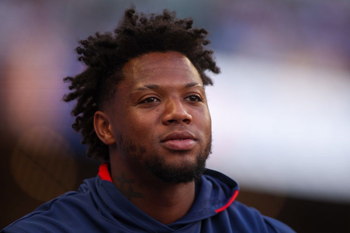 May 14, 2025; Atlanta, Georgia, USA; Atlanta Braves right fielder Ronald Acuna Jr. (13) in the dugout against the Washington Nationals in the first inning at Truist Park. Mandatory Credit: Brett Davis-Imagn Images