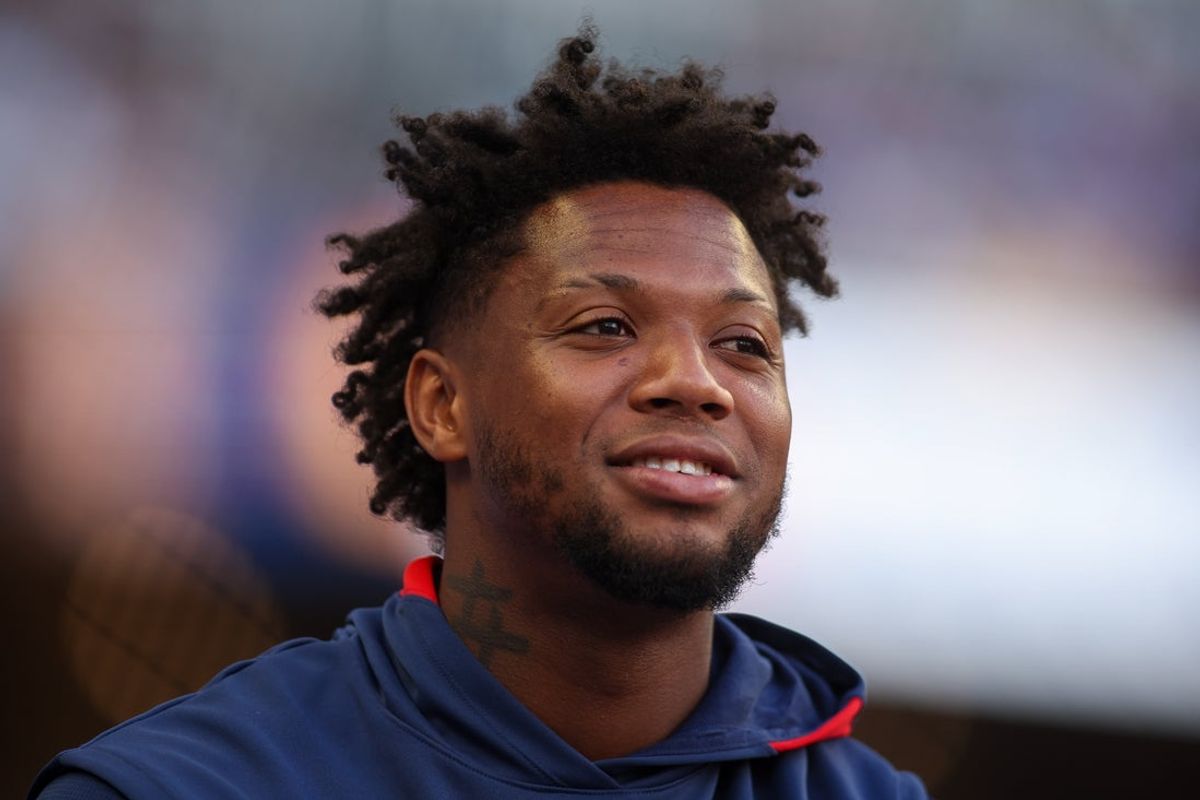 May 14, 2025; Atlanta, Georgia, USA; Atlanta Braves right fielder Ronald Acuna Jr. (13) in the dugout against the Washington Nationals in the first inning at Truist Park. Mandatory Credit: Brett Davis-Imagn Images