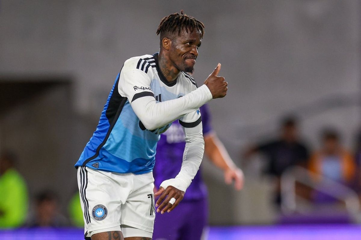 May 14, 2025; Orlando, Florida, USA; Charlotte FC forward Wilfried Zaha (10) reacts after a play against Orlando City in the first half at Inter&Co Stadium. Mandatory Credit: Nathan Ray Seebeck-Imagn Images