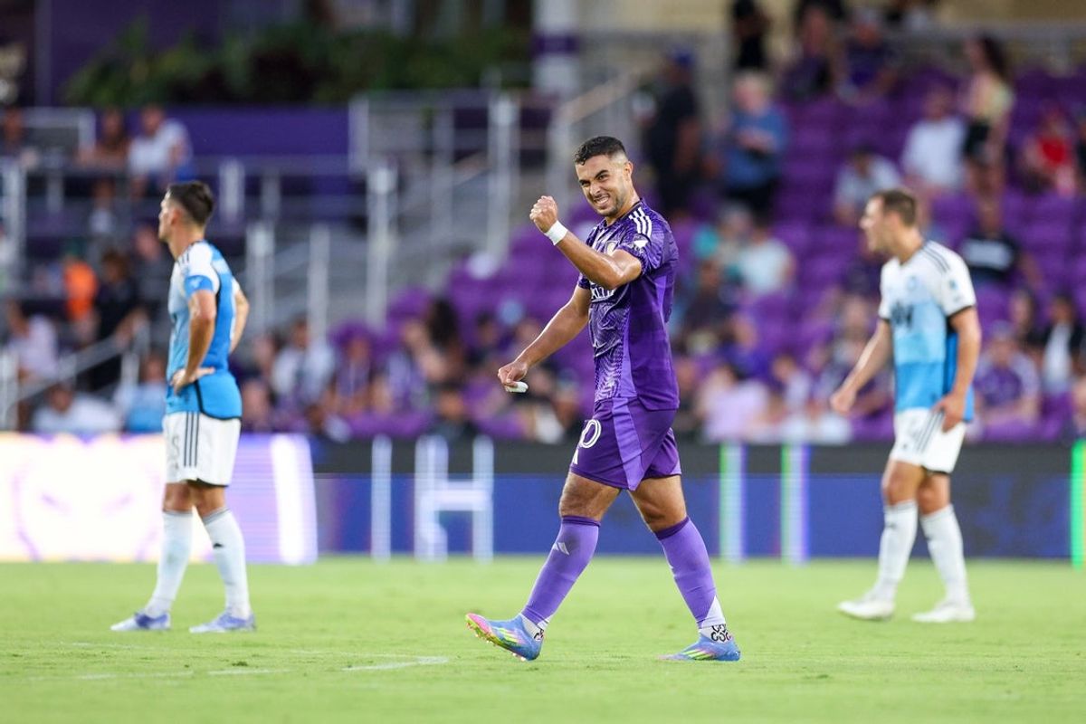 May 14, 2025; Orlando, Florida, USA; Orlando City midfielder Martin Ojeda (10) celebrates after scoring a goal against Charlotte FC in the first half at Inter&Co Stadium. Mandatory Credit: Nathan Ray Seebeck-Imagn Images