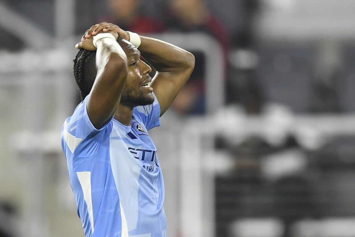 May 14, 2025; Washington, District of Columbia, USA; New York City FC midfielder Andrés Perea (8) reacts to missing a shot against the D.C. United during the second half of the game at Audi Field. Mandatory Credit: Hannah Foslien-Imagn Images