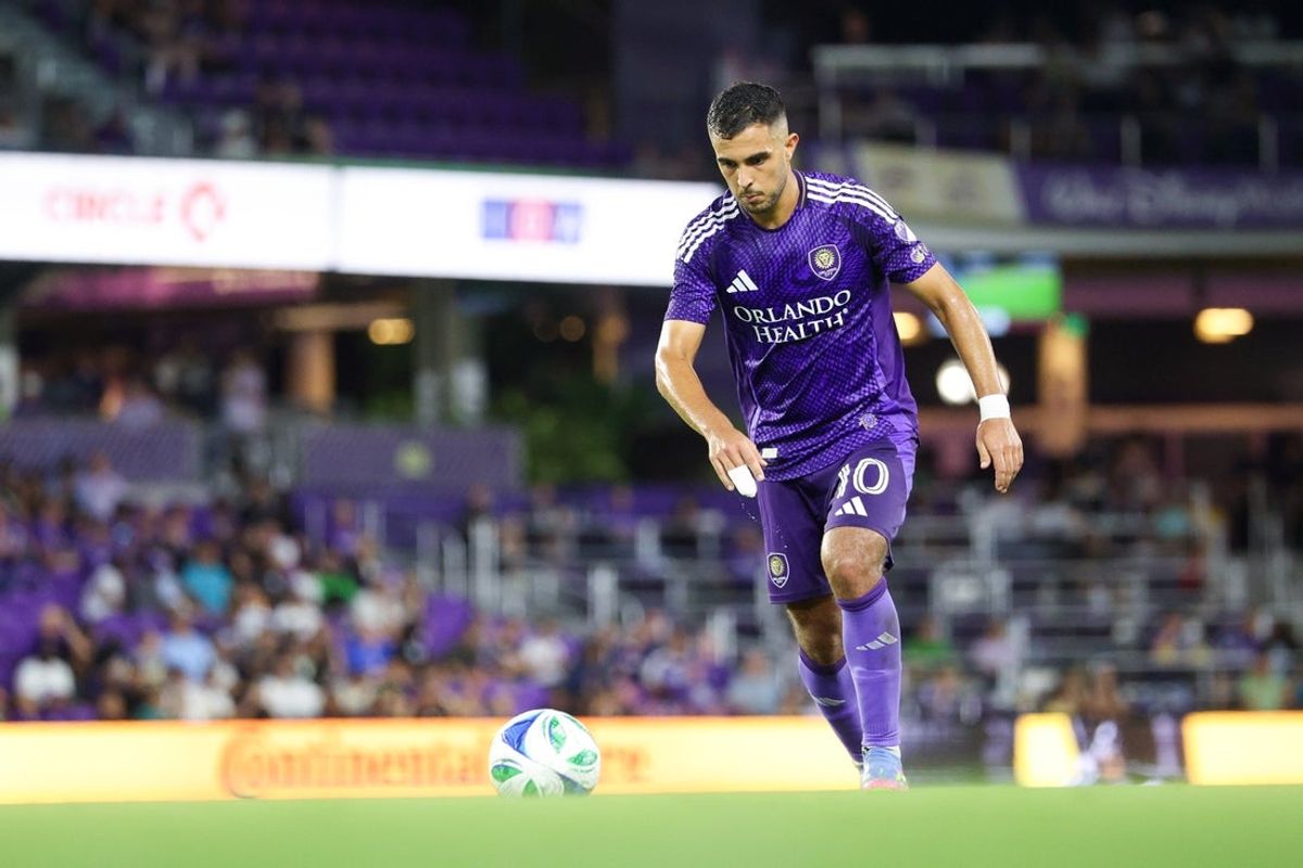 May 14, 2025; Orlando, Florida, USA; Orlando City midfielder Martin Ojeda (10) takes a free kick against Charlotte FC in the second half at Inter&Co Stadium. Mandatory Credit: Nathan Ray Seebeck-Imagn Images