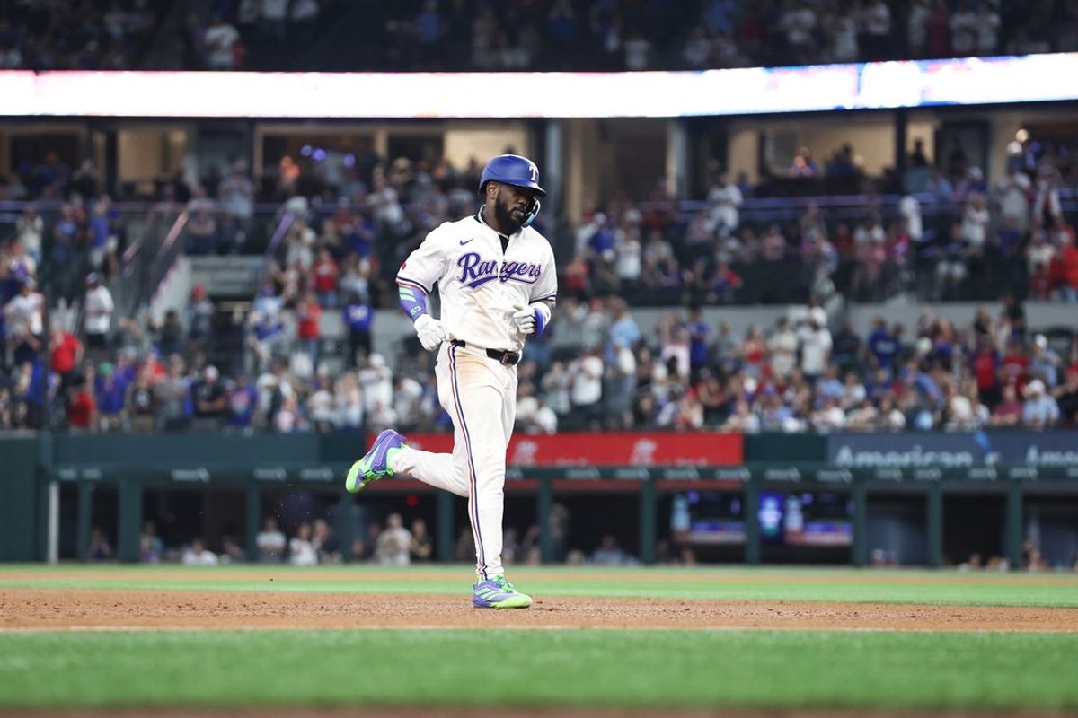 May 14, 2025; Arlington, Texas, USA; Texas Rangers outfielder Adolis García (53) rounds the bases after hitting a two run home run against the Colorado Rockies during the sixth inning at Globe Life Field. Mandatory Credit: Tim Heitman-Imagn Images