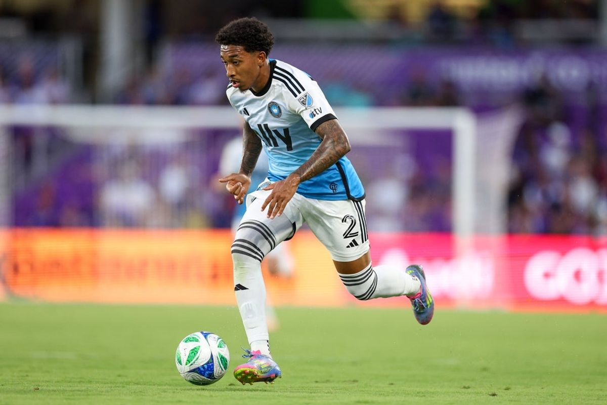 May 14, 2025; Orlando, Florida, USA; Charlotte FC defender Jahkeele Marshall-Rutty (2) controls the ball against Orlando City in the first half at Inter&Co Stadium. Mandatory Credit: Nathan Ray Seebeck-Imagn Images