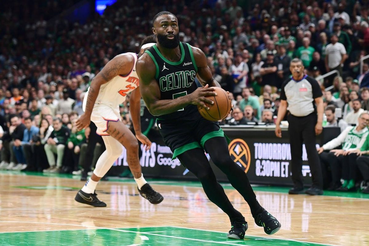 May 14, 2025; Boston, Massachusetts, USA; Boston Celtics guard Jaylen Brown (7) drives to the basket in the second half during game five of the second round for the 2025 NBA Playoffs against the New York Knicks at TD Garden. Mandatory Credit: Bob DeChiara-Imagn Images
