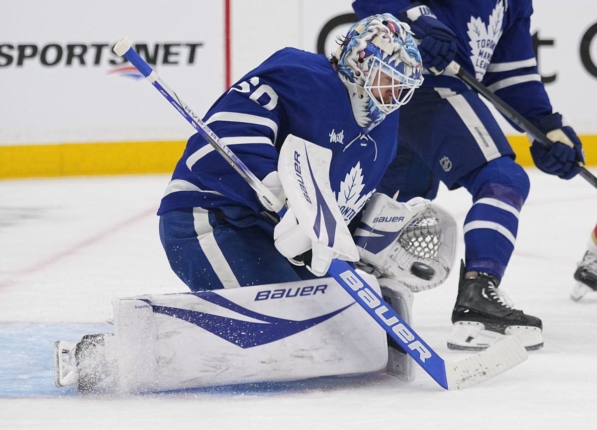 May 14, 2025; Toronto, Ontario, CAN; Toronto Maple Leafs goaltender Joseph Woll (60) makes a save against the Florida Panthers during the second period of game five of the second round of the 2025 Stanley Cup Playoffs at Scotiabank Arena. Mandatory Credit: John E. Sokolowski-Imagn Images