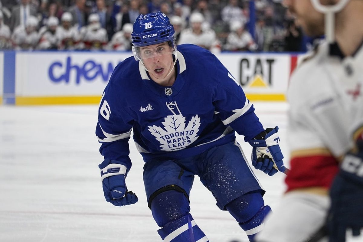 May 14, 2025; Toronto, Ontario, CAN; Toronto Maple Leafs forward Mitch Marner (16) skates against the Florida Panthers during the third period of game five of the second round of the 2025 Stanley Cup Playoffs at Scotiabank Arena. Mandatory Credit: John E. Sokolowski-Imagn Images