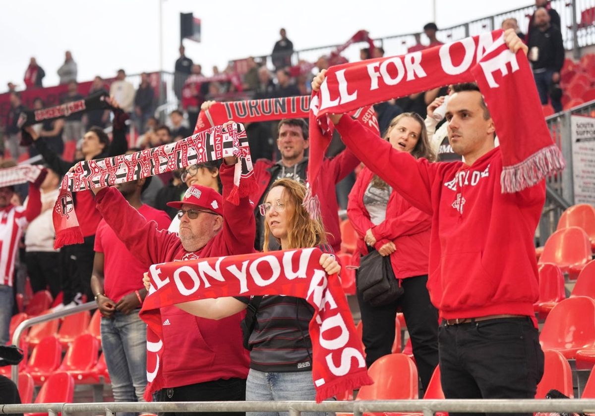 May 14, 2025; Toronto, Ontario, CAN; The Toronto FC fans show their support during the national anthem before a game against FC Cincinnati at BMO Field. Mandatory Credit: Nick Turchiaro-Imagn Images