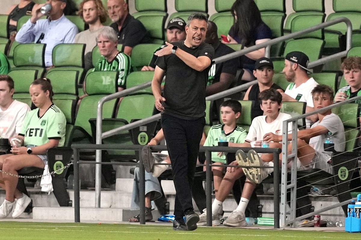 May 14, 2025; Austin, Texas, USA; Austin FC head coach Nico Estevez reacts during the second half against Atlanta United FC at Q2 Stadium. Mandatory Credit: Scott Wachter-Imagn Images