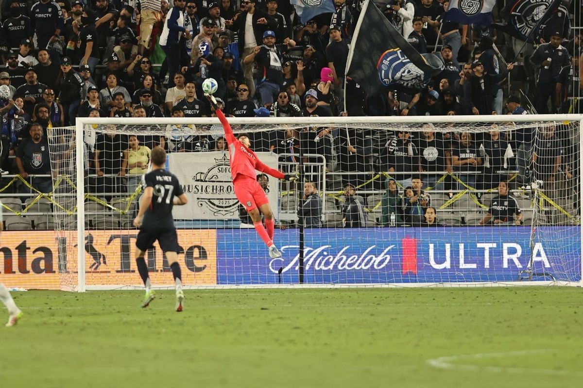 May 14, 2025; San Diego, California, USA; San Diego FC goalkeeper CJ dos Santos (1) makes a save against the Colorado Rapids at Snapdragon Stadium. Mandatory Credit: Julia Kapros-Imagn Images