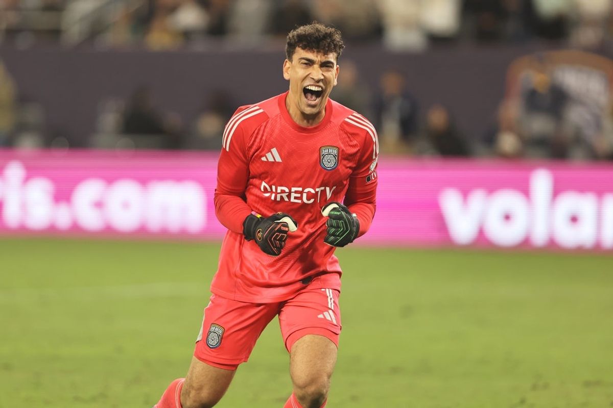 May 14, 2025; San Diego, California, USA; San Diego FC goalkeeper CJ dos Santos (1) reacts after a save during the second half against Colorado Rapids at Snapdragon Stadium. Mandatory Credit: Julia Kapros-Imagn Images