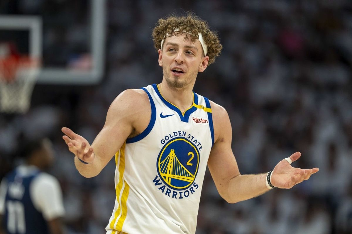 May 14, 2025; Minneapolis, Minnesota, USA; Golden State Warriors guard Brandin Podziemski (2) reacts to a foul called against the Minnesota Timberwolves in the second half during game five of the second round for the 2025 NBA Playoffs at Target Center. Mandatory Credit: Jesse Johnson-Imagn Images
