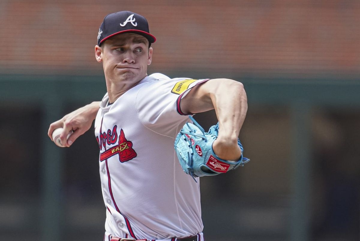 May 15, 2025; Cumberland, Georgia, USA; Atlanta Braves pitcher AJ Smith-Shawver (32) pitches against the Washington Nationals during the first inning at Truist Park. Mandatory Credit: Dale Zanine-Imagn Images