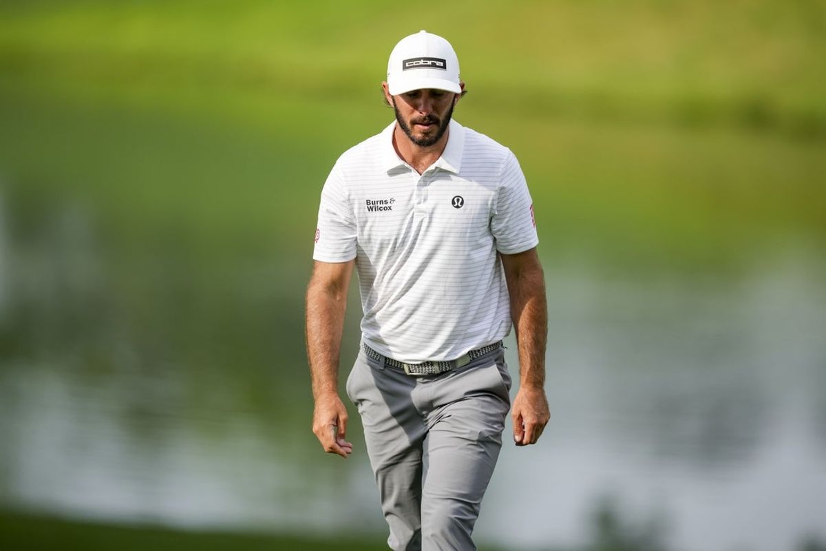 May 16, 2025; Charlotte, North Carolina, USA; Max Homa walks up to the fifteenth hole fairway during the second round of the PGA Championship golf tournament at Quail Hollow. Mandatory Credit: Aaron Doster-Imagn Images