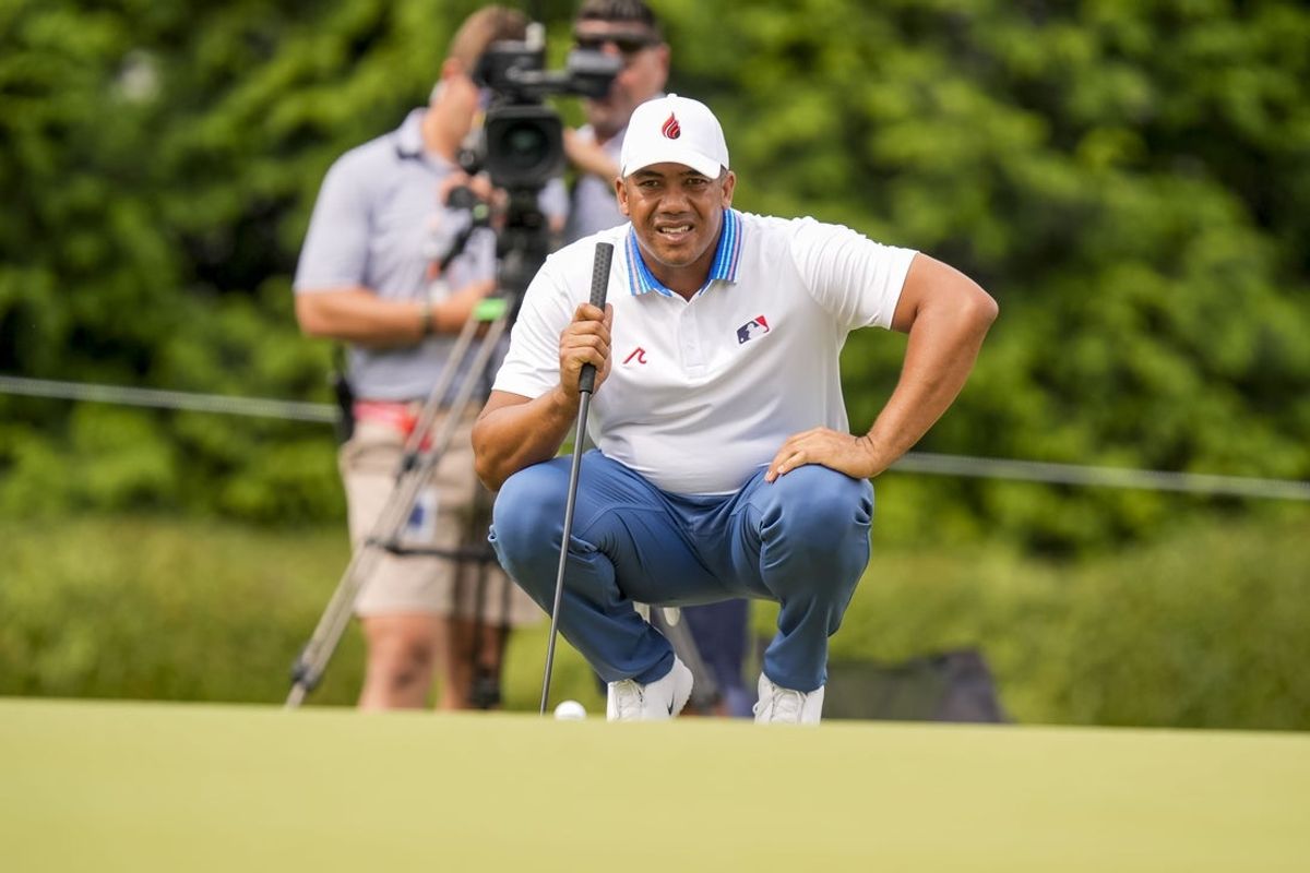 May 16, 2025; Charlotte, North Carolina, USA; Jhonattan Vegas on the fifth hole green during the second round of the PGA Championship golf tournament at Quail Hollow. Mandatory Credit: Jim Dedmon-Imagn Images