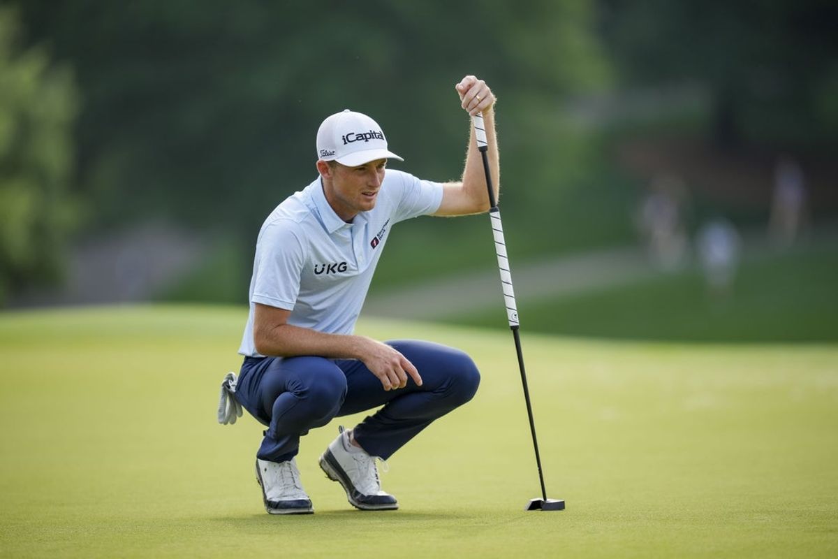 May 16, 2025; Charlotte, North Carolina, USA; Will Zalatoris lines up a put on the fifteenth hole during the second round of the PGA Championship golf tournament at Quail Hollow. Mandatory Credit: Aaron Doster-Imagn Images