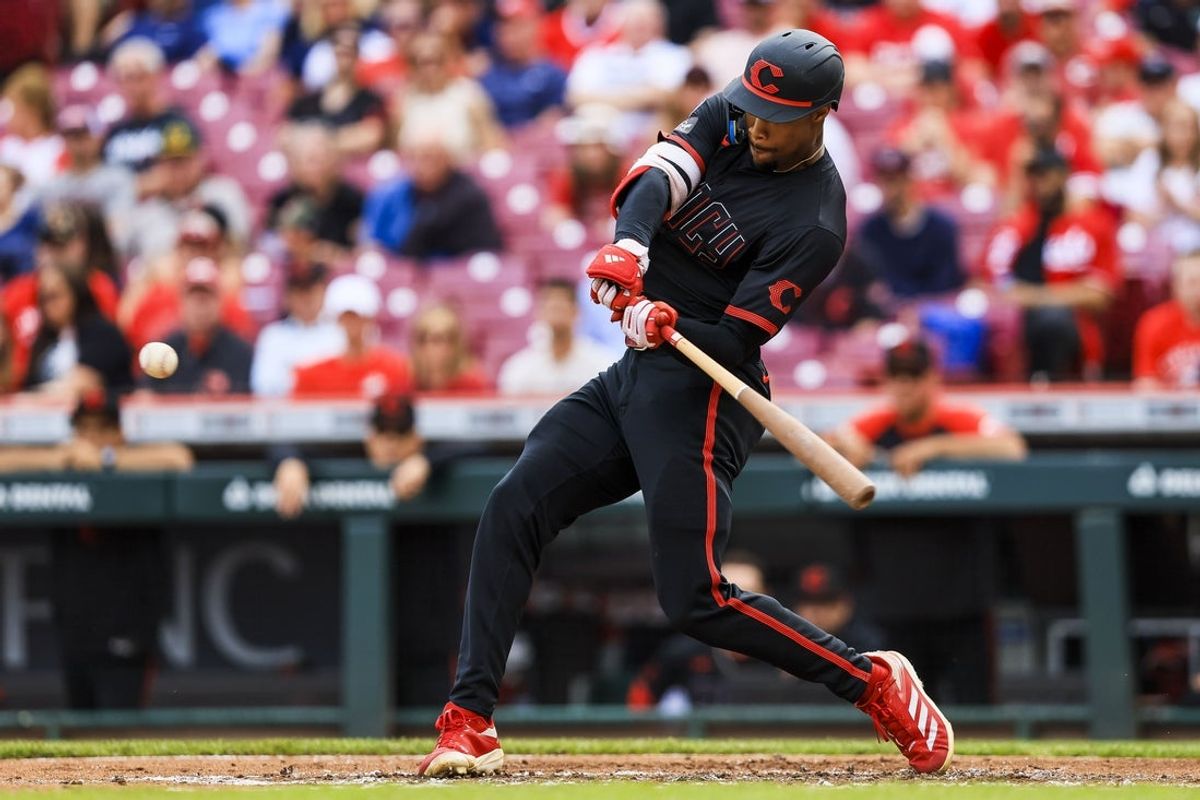 May 16, 2025; Cincinnati, Ohio, USA; Cincinnati Reds outfielder Will Benson (30) hits a three-run home run in the second inning against the Cleveland Guardians at Great American Ball Park. Mandatory Credit: Katie Stratman-Imagn Images