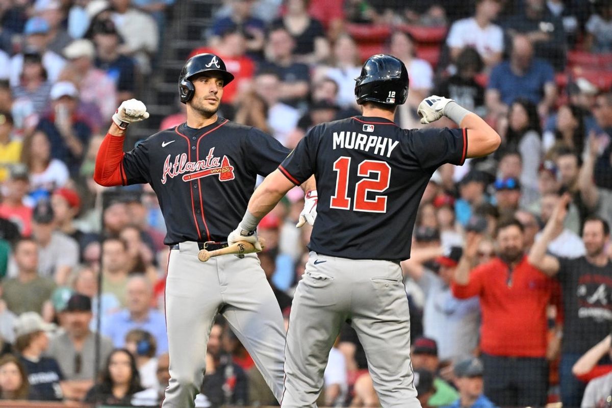 iMay 16, 2025; Boston, Massachusetts, USA; Atlanta Braves first baseman Matt Olson (28) celebrates his home run against the Boston Red Sox with catcher Sean Murphy (12) during the second inning at Fenway Park. Mandatory Credit: Eric Canha-Imagn Images