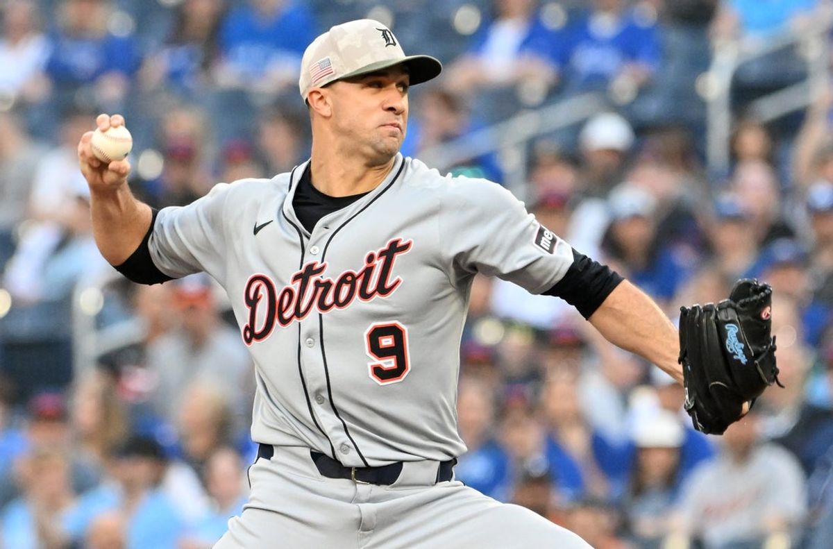 May 16, 2025; Toronto, Ontario, CAN;  Detroit Tigers pitcher Jack Flaherty (9) throws against the Toronto Blue Jays in the first inning at Rogers Centre. Mandatory Credit: Dan Hamilton-Imagn Images