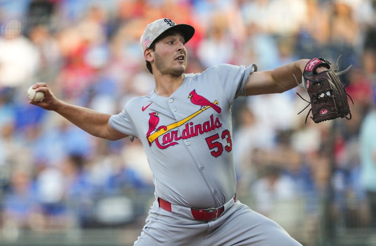 May 16, 2025; Kansas City, Missouri, USA; St. Louis Cardinals starting pitcher Andre Pallante (53) pitches during the first inning against the Kansas City Royals at Kauffman Stadium. Mandatory Credit: Jay Biggerstaff-Imagn Images