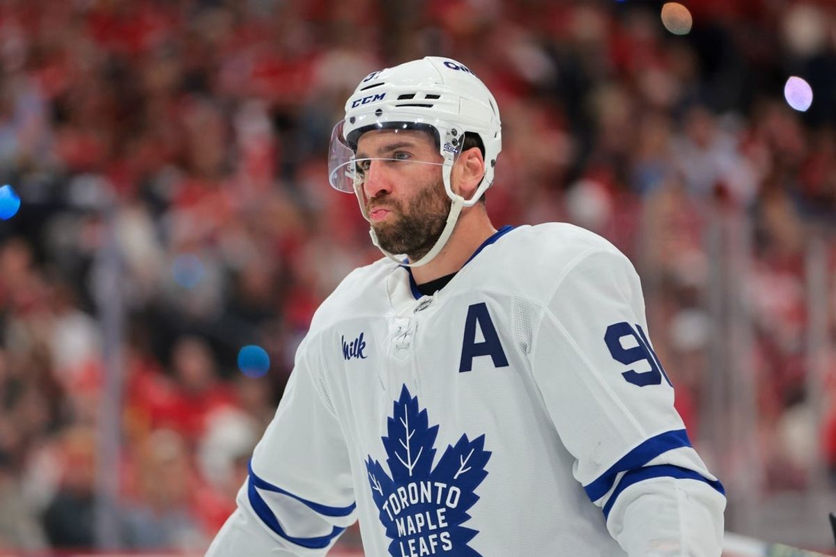 May 16, 2025; Sunrise, Florida, USA; Toronto Maple Leafs center John Tavares (91) looks on against the Florida Panthers during the first period in game six of the second round of the 2025 Stanley Cup Playoffs at Amerant Bank Arena. Mandatory Credit: Sam Navarro-Imagn Images