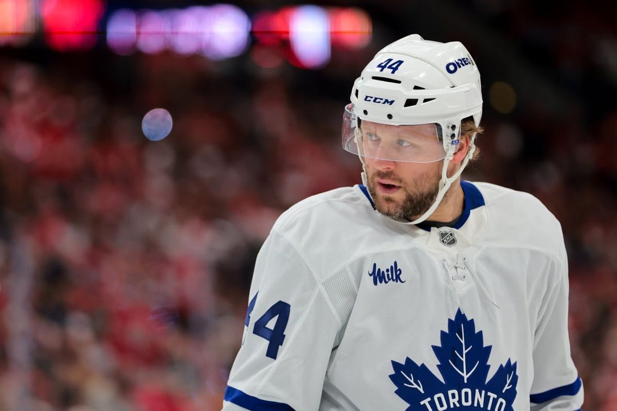 May 16, 2025; Sunrise, Florida, USA; Toronto Maple Leafs defenseman Morgan Rielly (44) looks on against the Florida Panthers during the first period in game six of the second round of the 2025 Stanley Cup Playoffs at Amerant Bank Arena. Mandatory Credit: Sam Navarro-Imagn Images