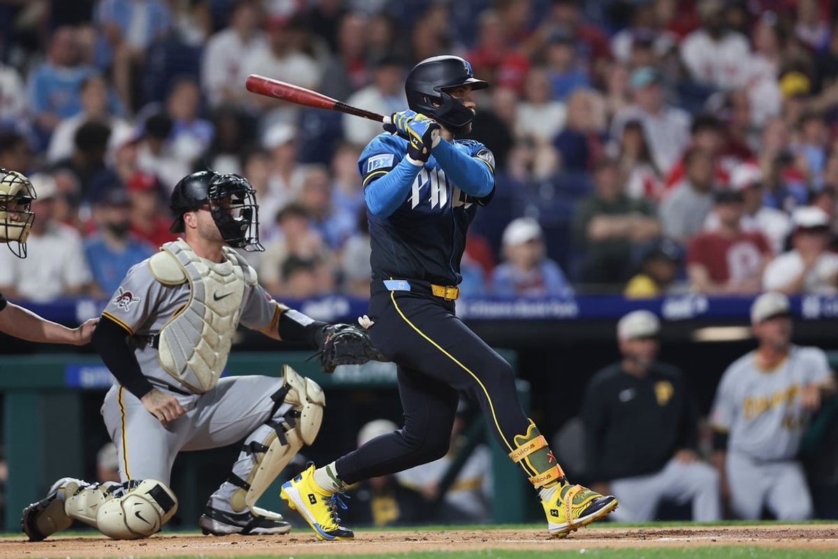May 16, 2025; Philadelphia, Pennsylvania, USA; Philadelphia Phillies first base Bryce Harper (3) hits a single during the first inning against the Pittsburgh Pirates at Citizens Bank Park. Mandatory Credit: Bill Streicher-Imagn Images