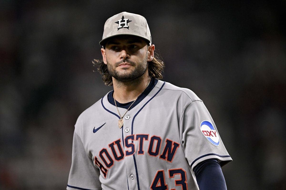 May 16, 2025; Arlington, Texas, USA; Houston Astros starting pitcher Lance McCullers Jr. (43) comes off the field after pitching against the Texas Rangers during the fourth inning at Globe Life Field. Mandatory Credit: Jerome Miron-Imagn Images