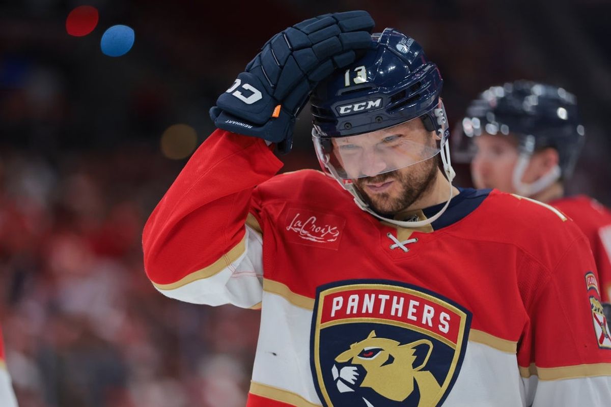 May 16, 2025; Sunrise, Florida, USA; Florida Panthers center Sam Reinhart (13) reacts against the Toronto Maple Leafs during the second period in game six of the second round of the 2025 Stanley Cup Playoffs at Amerant Bank Arena. Mandatory Credit: Sam Navarro-Imagn Images