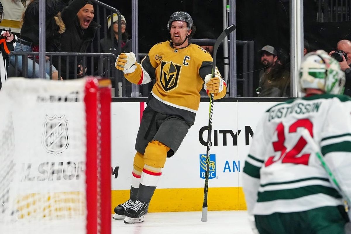 Feb 12, 2024; Las Vegas, Nevada, USA; Vegas Golden Knights right wing Mark Stone (61) celebrates after scoring a goal against the Minnesota Wild during the third period at T-Mobile Arena.