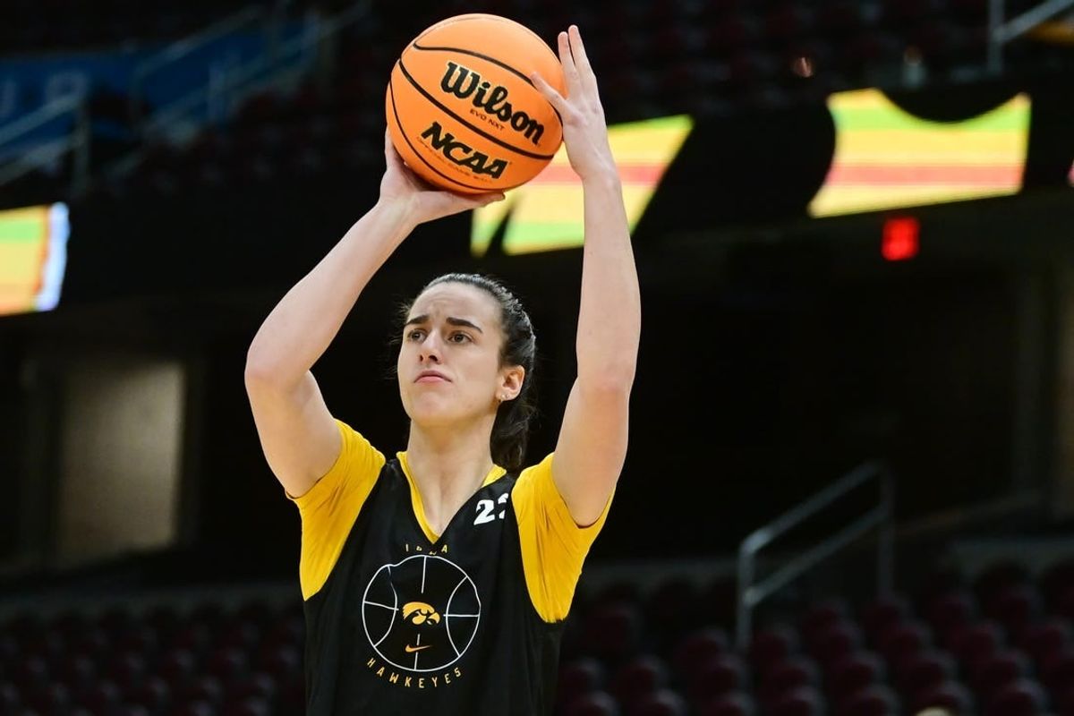 Apr 4, 2024; Cleveland, OH, USA; Iowa Hawkeyes guard Caitlin Clark (22) shoots during a practice session at Rocket Mortgage FieldHouse.