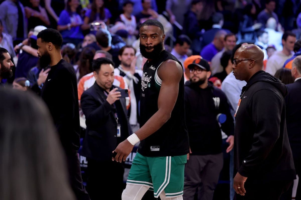 May 16, 2025; New York, New York, USA; Boston Celtics guard Jaylen Brown (7) walks off the court after losing to the New York Knicks in game six in the second round of the 2025 NBA Playoffs at Madison Square Garden. Mandatory Credit: Brad Penner-Imagn Images