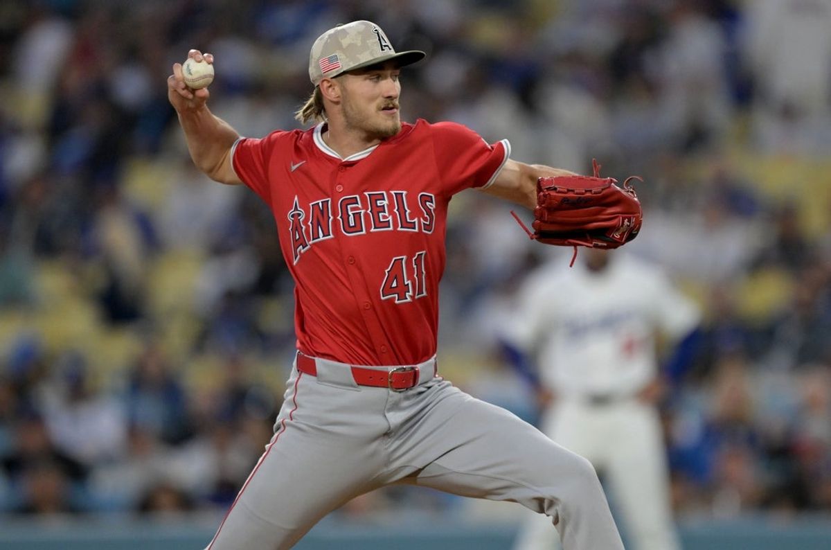 May 16, 2025; Los Angeles, California, USA; Los Angeles Angels pitcher Jack Kochanowicz (41) throws during the second inning against the Los Angeles Dodgers at Dodger Stadium. Mandatory Credit: Jayne Kamin-Oncea-Imagn Images