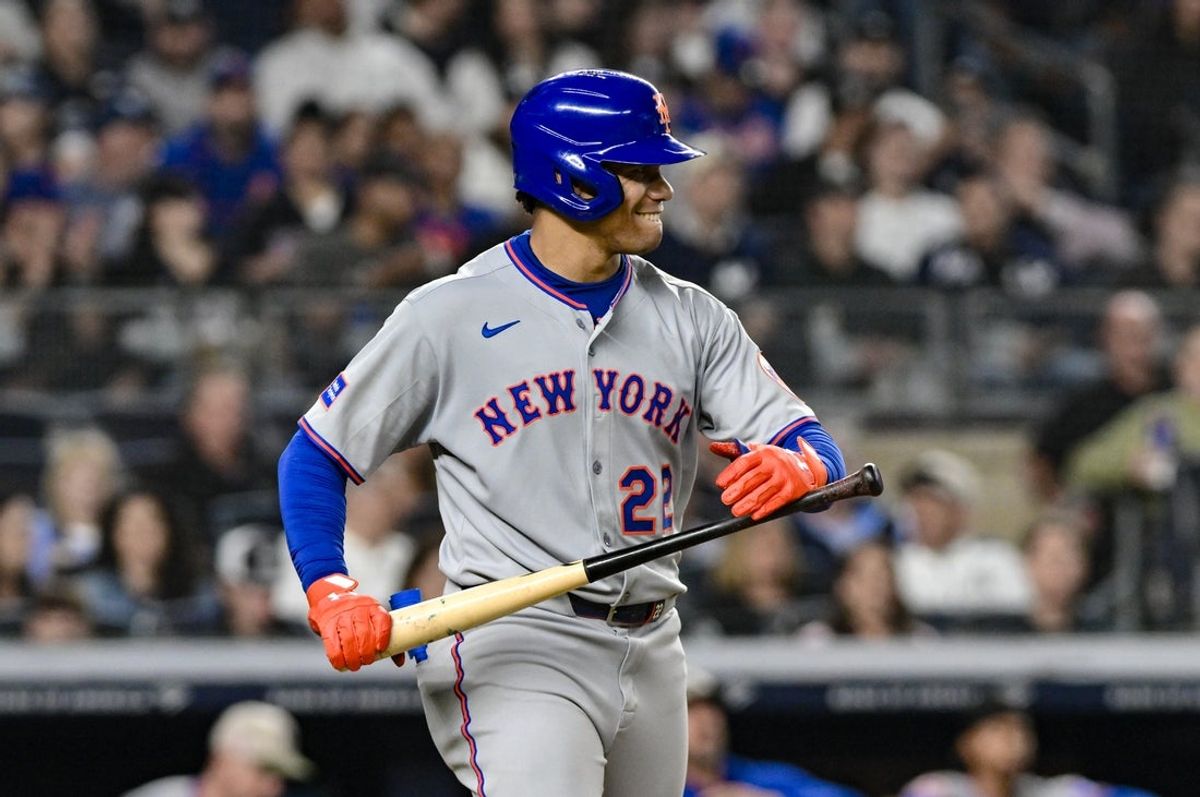 May 16, 2025; Bronx, New York, USA; New York Mets outfielder Juan Soto (22) reacts after a walk against the New York Yankees during the fifth inning at Yankee Stadium. Mandatory Credit: John Jones-Imagn Images