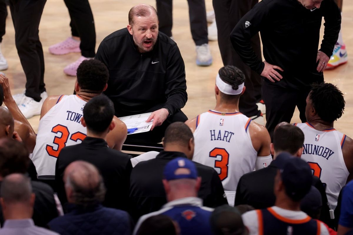 May 16, 2025; New York, New York, USA; New York Knicks head coach Tom Thibodeau talks to center Karl-Anthony Towns (32) and guard Josh Hart (3) and forward OG Anunoby (8) during a time out during the third quarter of game six in the second round of the 2025 NBA Playoffs against the Boston Celtics at Madison Square Garden. Mandatory Credit: Brad Penner-Imagn Images