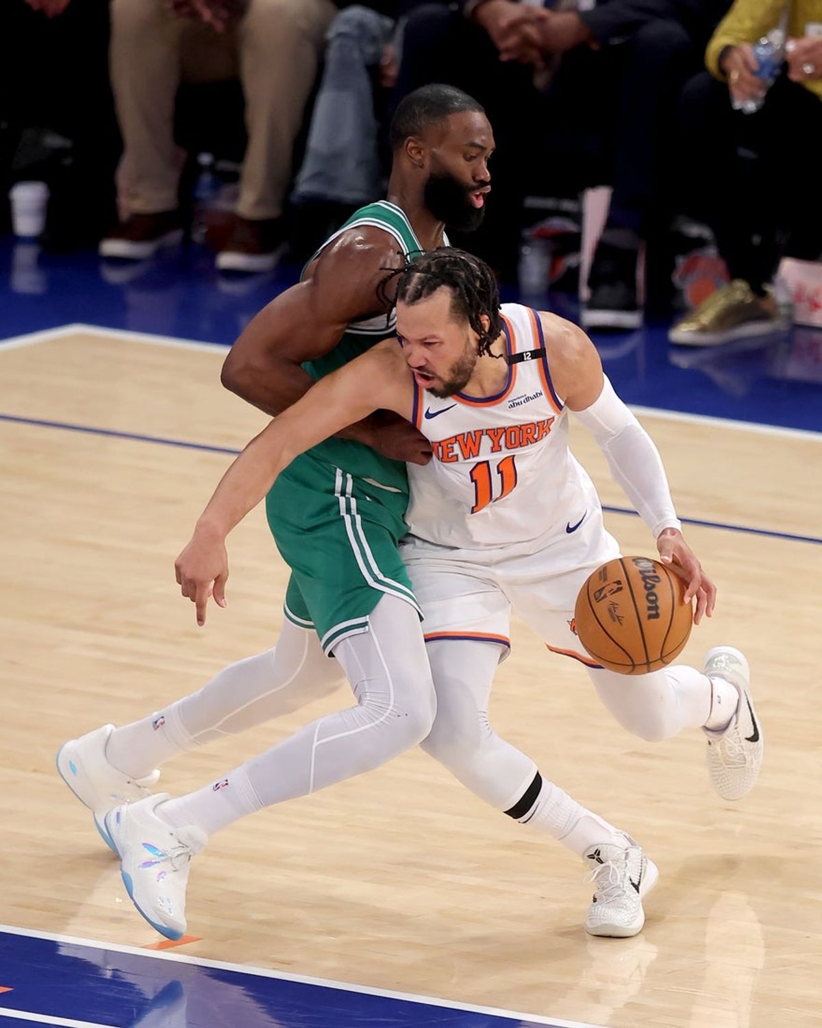 May 16, 2025; New York, New York, USA; New York Knicks guard Jalen Brunson (11) drives to the basket against Boston Celtics guard Jaylen Brown (7) during the third quarter of game six in the second round of the 2025 NBA Playoffs at Madison Square Garden. Mandatory Credit: Brad Penner-Imagn Images