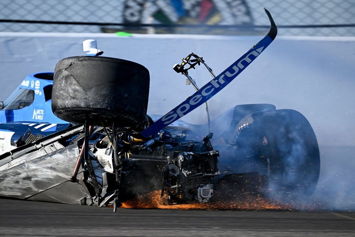 Meyer Shank Racing with Curb-Agajanian driver Marcus Armstrong (66) crashes coming out of the first turn Saturday, May 17, 2025, during practice ahead of qualifying for the 109th running of the Indianapolis 500 at Indianapolis Motor Speedway.