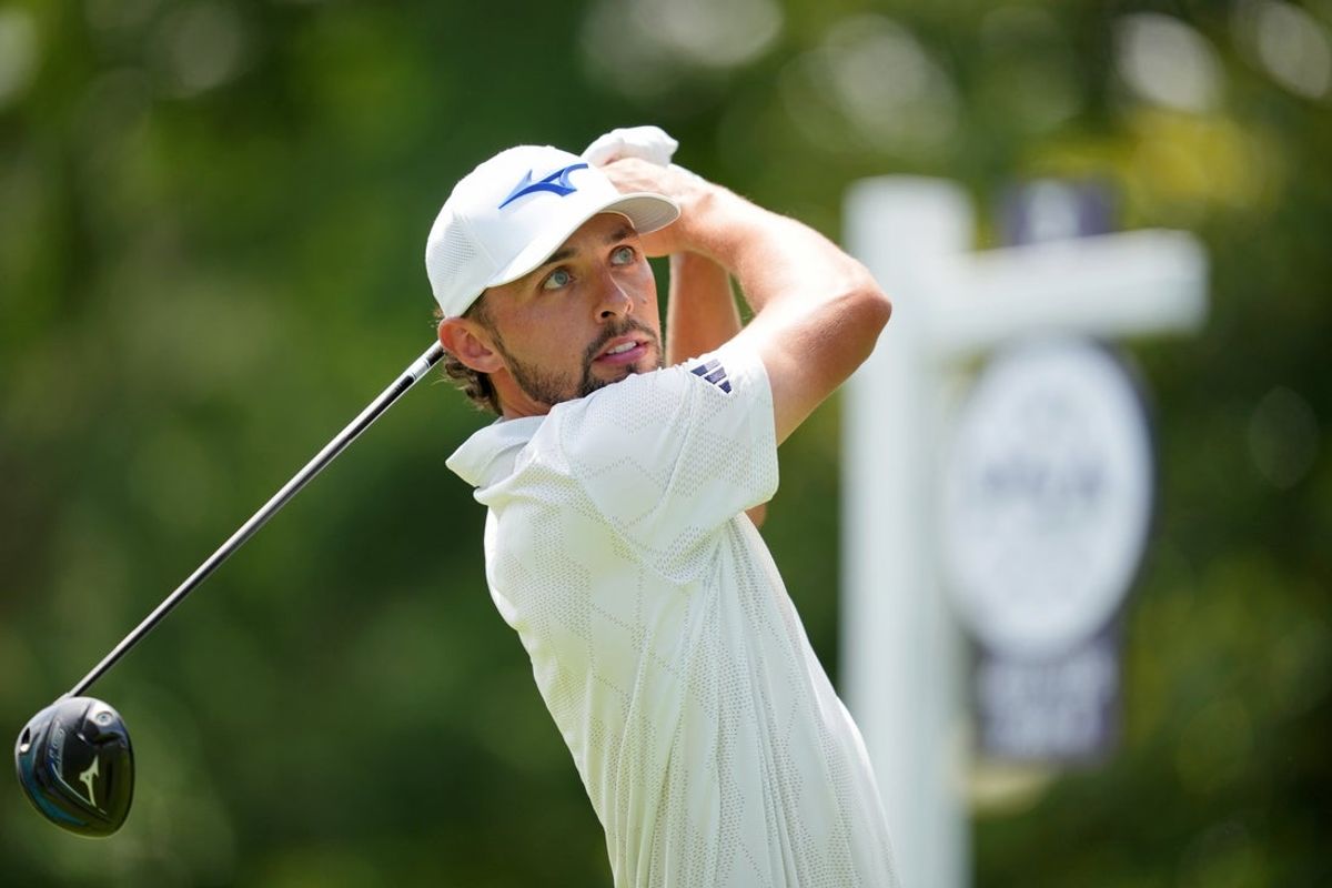 May 17, 2025; Charlotte, North Carolina, USA; Marco Penge tees off on the third hole during the third round of the PGA Championship golf tournament at Quail Hollow. Mandatory Credit: Aaron Doster-Imagn Images