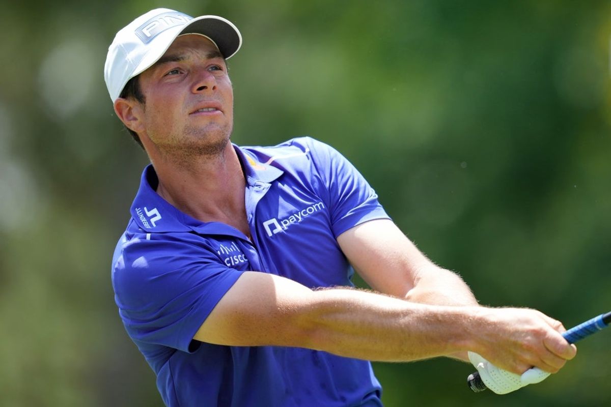 May 17, 2025; Charlotte, North Carolina, USA; Viktor Hovland tees off on the third hole during the third round of the PGA Championship golf tournament at Quail Hollow. Mandatory Credit: Aaron Doster-Imagn Images