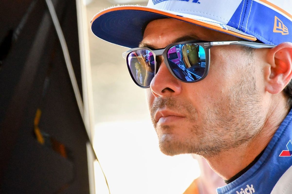 Arrow McLaren driver Kyle Larson (17) sits in his pit box Saturday, May 17, 2025, during practice ahead of qualifying for the 109th running of the Indianapolis 500 at Indianapolis Motor Speedway.