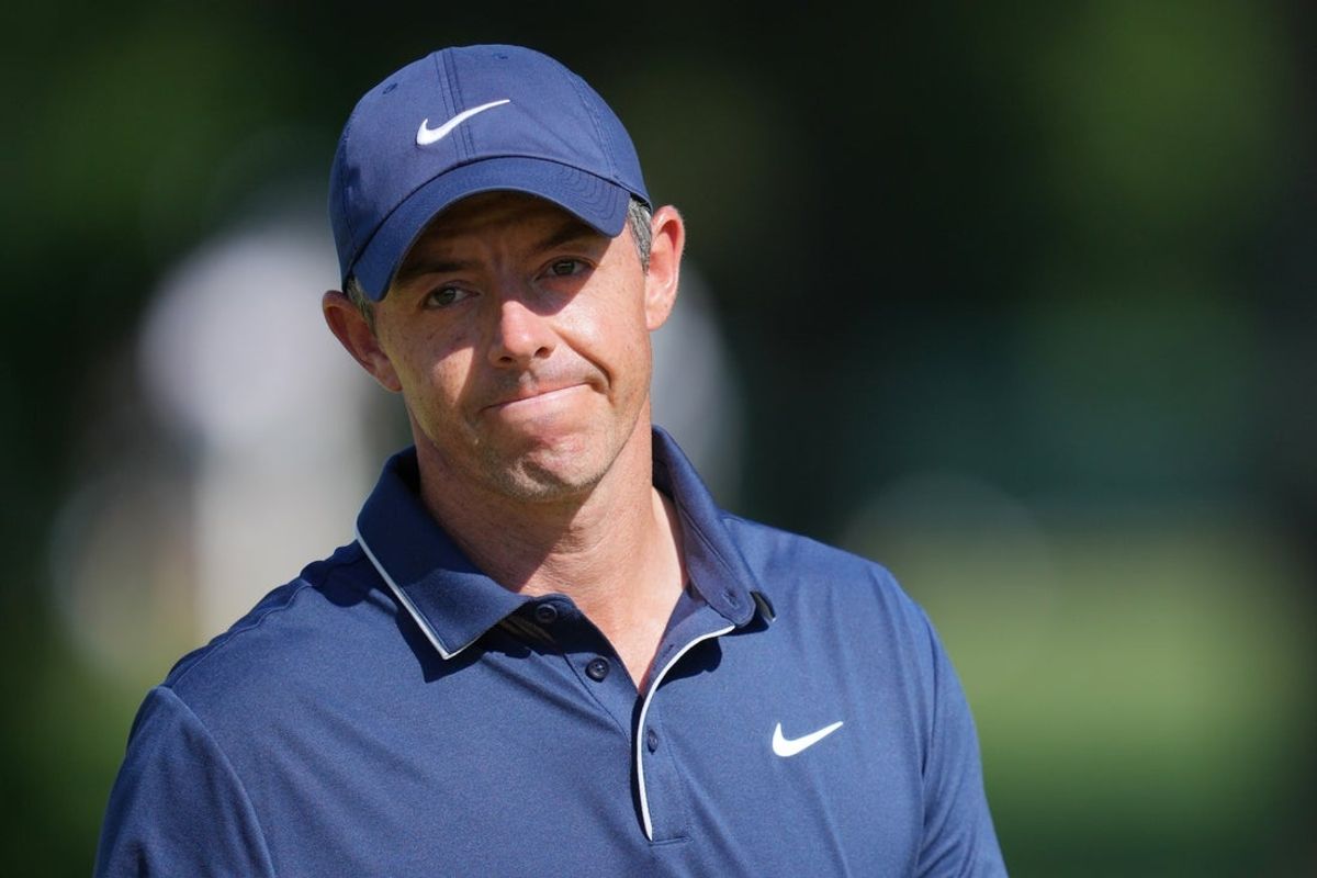 May 17, 2025; Charlotte, North Carolina, USA; Rory McIlroy reacts after a putt on the second green during the third round of the PGA Championship golf tournament at Quail Hollow. Mandatory Credit: Aaron Doster-Imagn Images