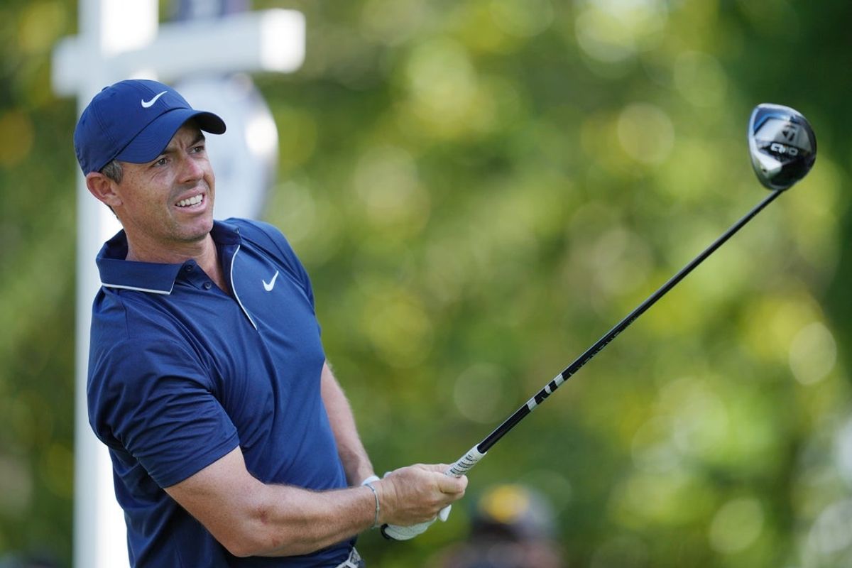 Rory McIlroy tees off on the third hole during the third round of the PGA Championship golf tournament at Quail Hollow. Mandatory Credit: Aaron Doster-Imagn Images