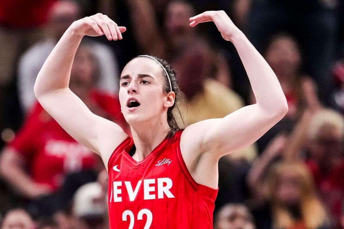 Indiana Fever guard Caitlin Clark (22) gets the crowd excited Saturday, May 17, 2025, during a game between the Indiana Fever and the Chicago Sky at Gainbridge Fieldhouse in Indianapolis. The Indiana Fever defeated the Chicago Sky, 93-58.