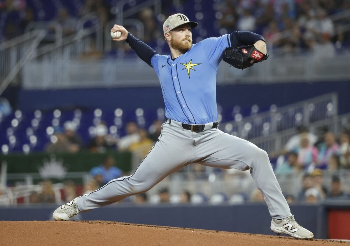 May 17, 2025; Miami, Florida, USA;  Tampa Bay Rays starting pitcher Drew Rasmussen (57) pitches against the Miami Marlins during the first inning at loanDepot Park. Mandatory Credit: Rhona Wise-Imagn Images