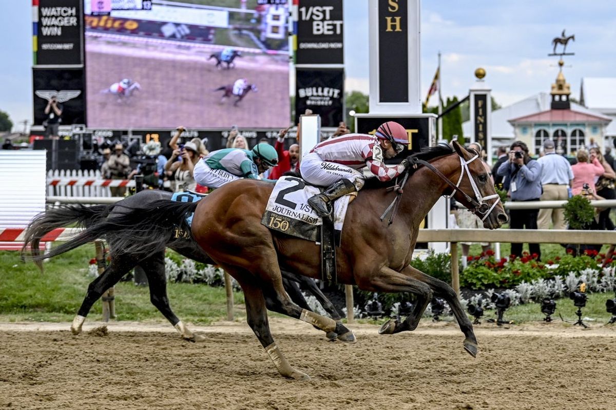 May 17, 2025; Baltimore, Maryland, USA;  Journalism (2) with Umberto Rispoli up defeats Gosger (9) with Irad Ortiz Jr. up to win the running of the 150th Preakness stakes. Mandatory Credit: Tommy Gilligan-Imagn Images