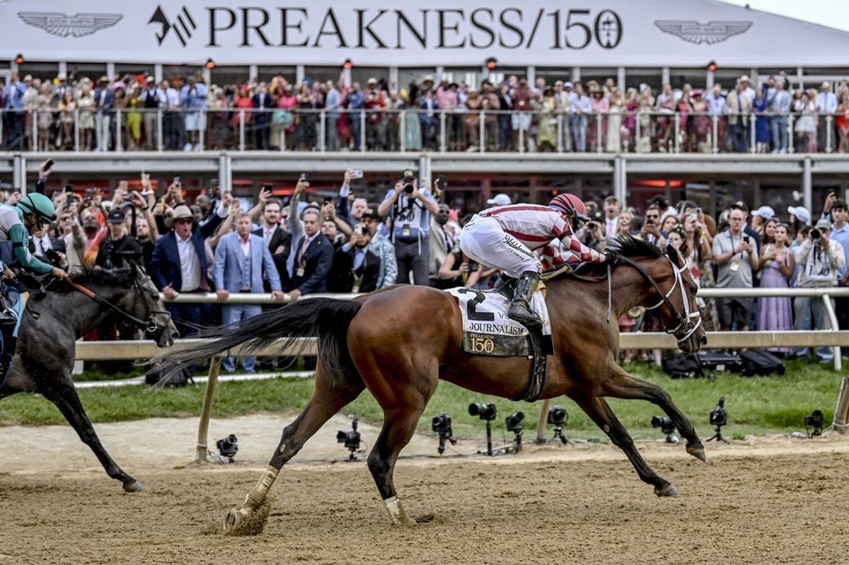 May 17, 2025; Baltimore, Maryland, USA;  Journalism (2) with Umberto Rispoli up defeats Gosger (9) with Irad Ortiz Jr. up to win the running of the 150th Preakness stakes. Mandatory Credit: Tommy Gilligan-Imagn Images